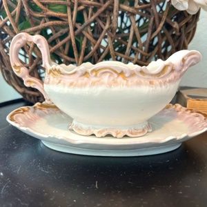 Antique Limoges France Fine China Pottery Gravy Boat & Serving Dish Coiffe